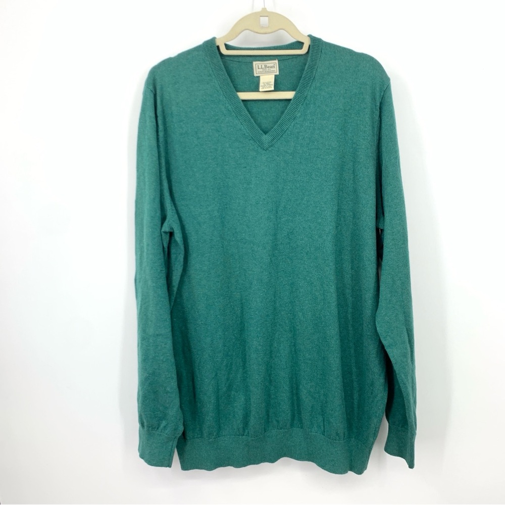 LL Bean Men Size XL TALL Sweater Green V Neck Pullover Top‎ Cotton Cashmere Knit
